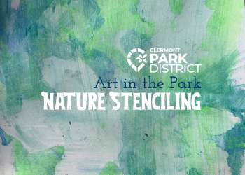 Green and blue painted background with stenciled leaves. Blue and White text reads: Art in the Park: Nature Stenciling. 